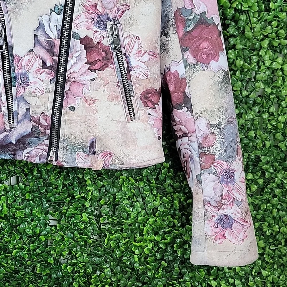 ZARA Basic Outerwear Floral Faux Suede Zippered Moto Jacket Cream/ Pink SZ Small - Picture 4 of 15